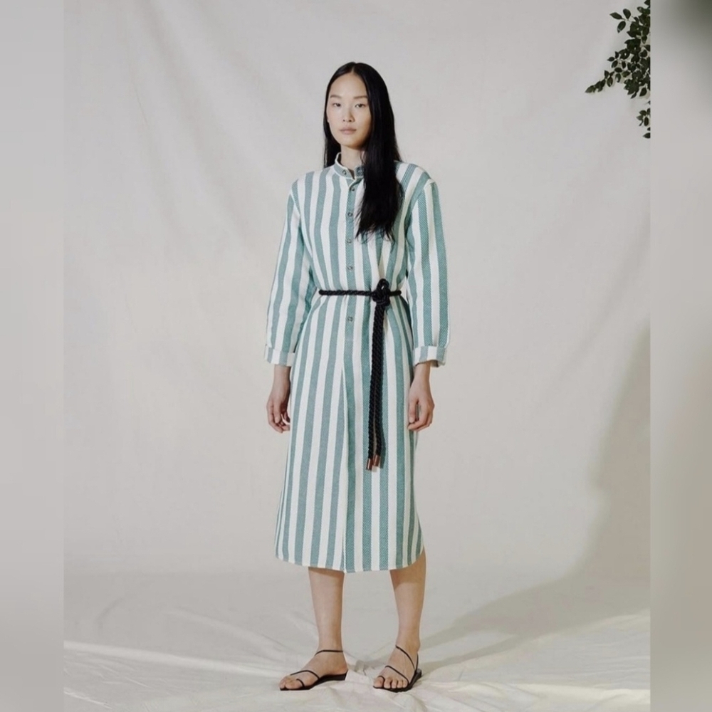 Attersee The Caftan Green Striped Midi Linen Blend Dress